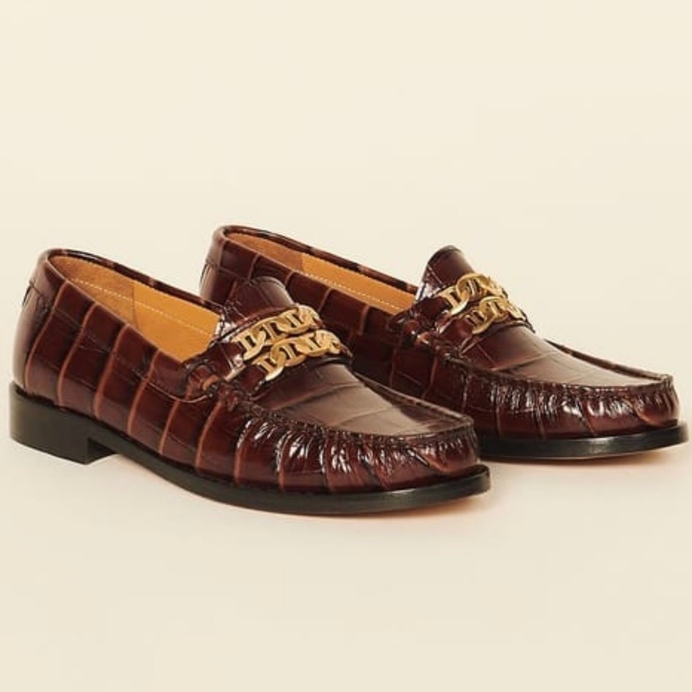 Sandro Brown Leather Croc Embossed Loafers Gold Chain Womens Size 37 US 6.5 NEW